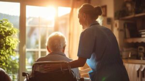 A group of older adults enjoying a lively conversation while seated in a sunlit communal living area.