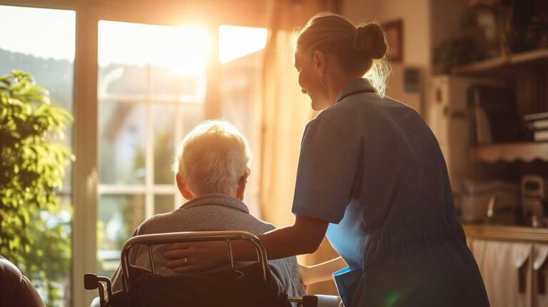 A group of older adults enjoying a lively conversation while seated in a sunlit communal living area.