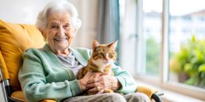 Family member and older resident talking quietly in a comfortable assisted living room.