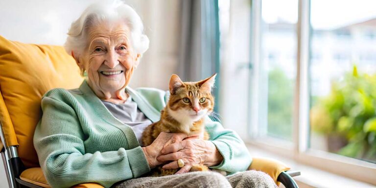 Family member and older resident talking quietly in a comfortable assisted living room.